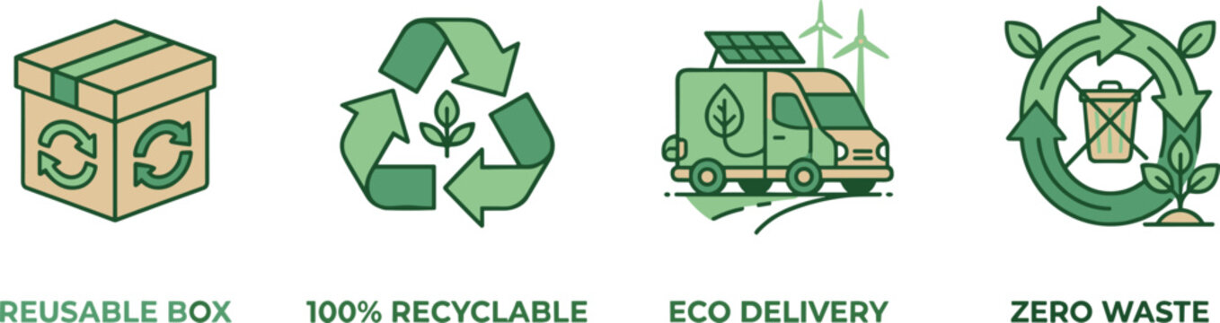 Eco friendly sustainable business icon set with reusable box recyclable packaging electric shipping delivery van zero waste circular economy vector graphics