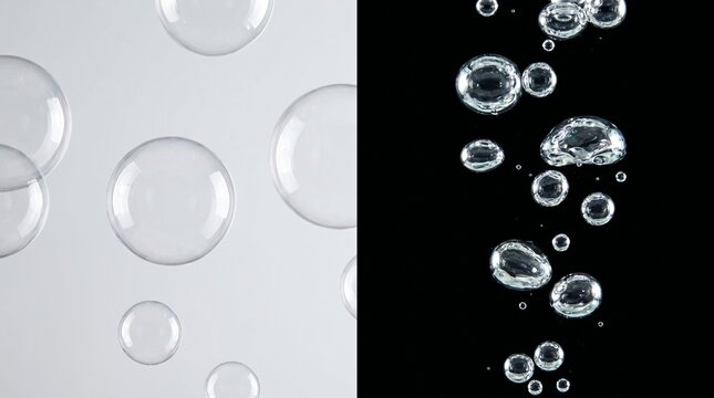 Soap bubbles floating on water with black and white backgrounds creating a contrasting scene of clear orbs with light reflections