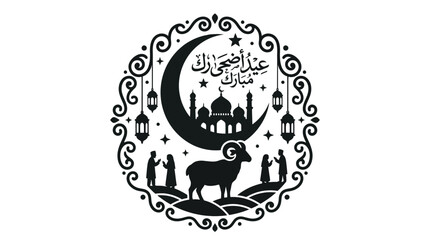 Fototapeta premium Eid al Adha illustration with crescent moon mosque and figures on white background