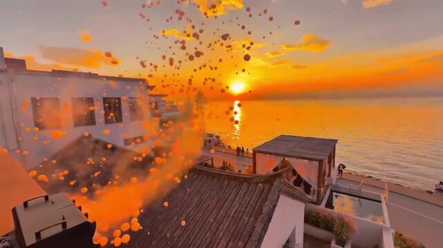 Vibrant smoke machine releasing golden bubbles into the air above a scenic coastal landscape during a glowing sunset period as captured in this high quality cinematic motion video footage that showcas