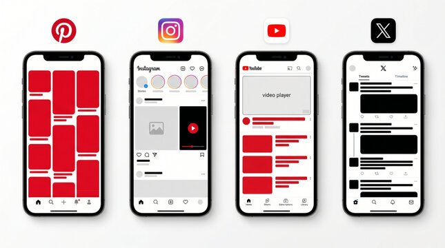Pinterest, Instagram, Youtube and X mockup. Set screen social media and network interface template on mobile phone. Editorial brand apps logotype. Grid feed and video player layout screen. ios device