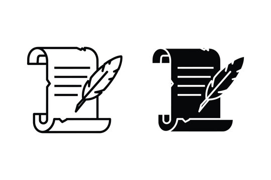 Scroll with feather quill vector illustration, flat and silhouette styles