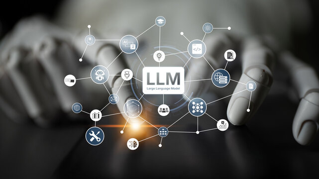 Large Language Model LLM processing data. Represents deep text learning, natural language processing NLP AI tech, transformer architecture, and generative AI deep learning future technology. Corpus