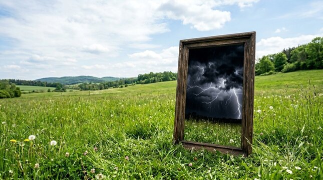 An old wooden picture frame stands in a vibrant green meadow, revealing a dramatic thunderstorm with lightning inside