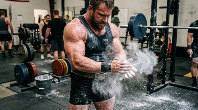 Strong man claps hands with chalk powder in gym before weightlifting
