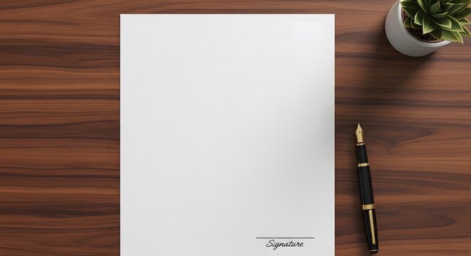 Blank legal document paper with a signature line alongside a luxury fountain pen on a wooden desk.