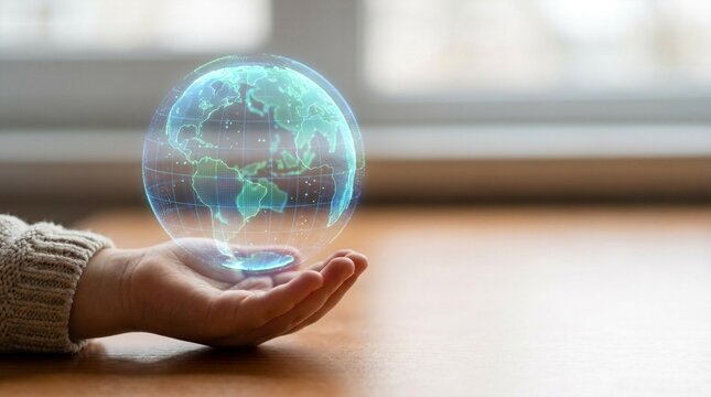 Hand holding a glowing holographic Earth globe projecting future technology and global connection concept
