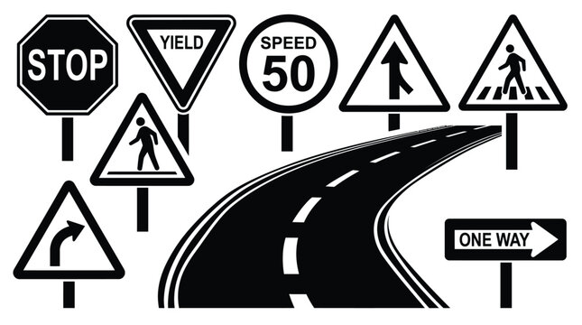 Road Signs And Curved Highway Black And White Vector Illustration