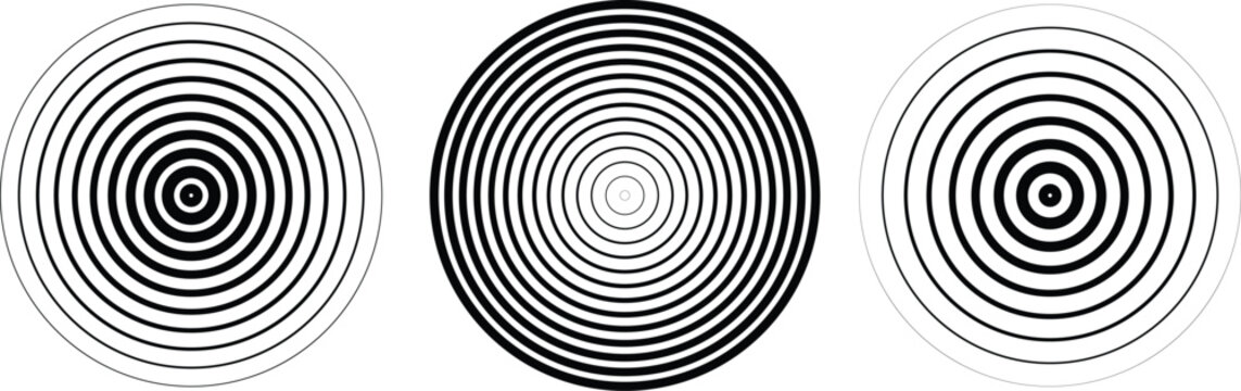  concentric ripple circles set. Radial signal or vibration elements.  Hypnotic vertigo spiral. sound wave rings collection.  retro halftone vector textures