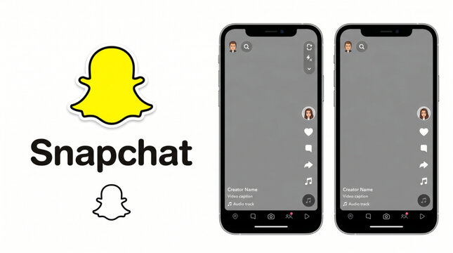 Snapchat mockup 2025. Set screen social media and network interface template showcasing mobile application on smartphone displays. Editorial brand logotype icon. Yellow ghost symbol. Dark mode UI.