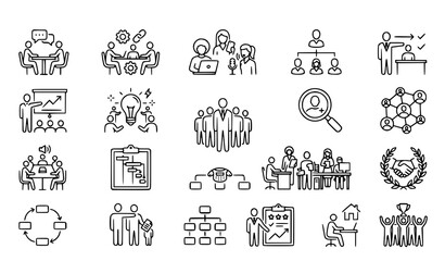 Fototapeta premium Business People Line Icons Set with Workplace Communication Team Structure and Meeting Concepts