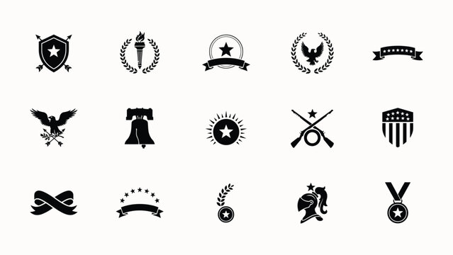 Set of black heraldic emblems with stars shields eagles and vintage badges for design.