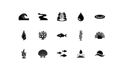 Fototapeta premium Underwater and marine nature icon set with ocean waves shells fish coral waterfall drops.