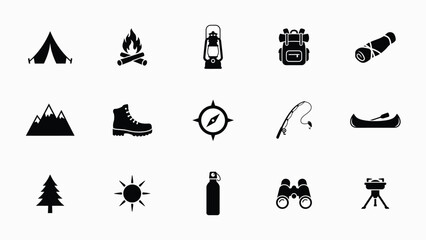 Obraz premium Collection of black camping icons focusing on outdoor adventure gear and hiking activities.