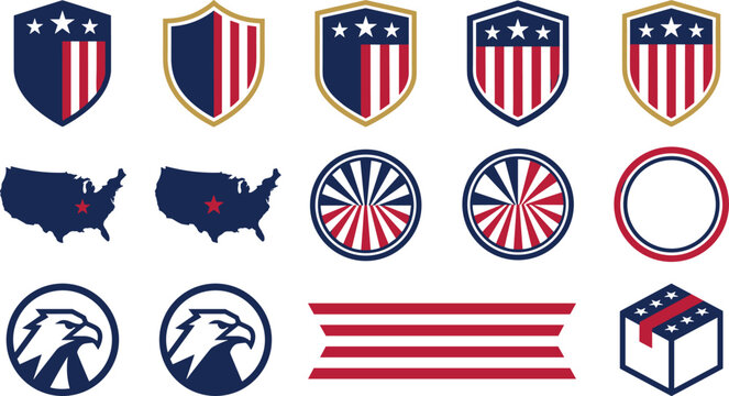 American patriotic vector element set with USA map shields eagle heads stars stripes ribbon and delivery box badges for fourth of july designs