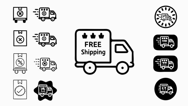Flat vector illustration of delivery truck icons with free shipping symbols and various package delivery graphics