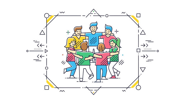 Diverse group of people in a circle, hugging and smiling, representing unity and teamwork.