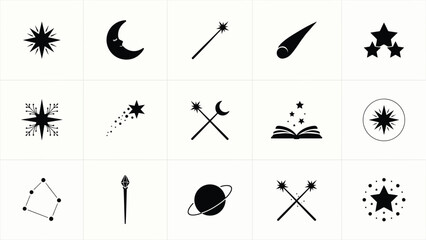 Collection of magic and space themed icons with stars moon planets and wands elements. © Mausumi