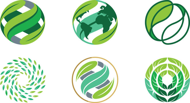 Eco green leaf globe logo vector icon set with world map sphere vortex concentric leaves abstract nature sustainability business branding design elements