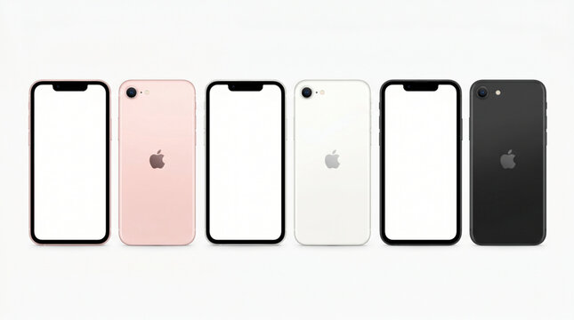 iPhone smartphone mockup showcasing a row of six mobile devices in pink white and black. Displaying front blank screen placeholder and back side design. Minimal mobile interface template. Editorial.