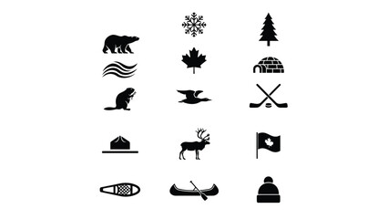 Obraz premium Canadian nature and winter wildlife icons featuring bear maple leaf and winter activities.