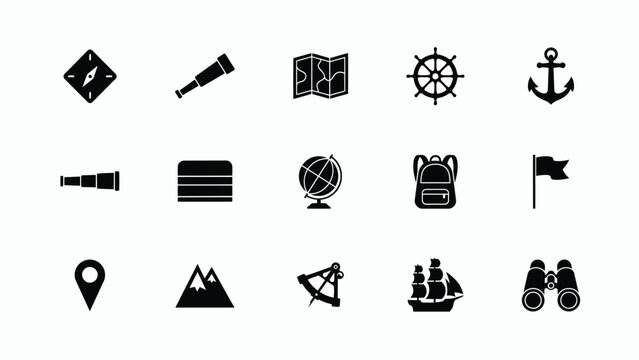Set of black icons representing nautical travel exploration navigation adventure tools items.