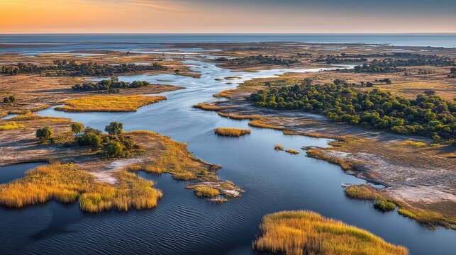 Serene Landscape View of the Okavango Delta in Botswana at Sunset