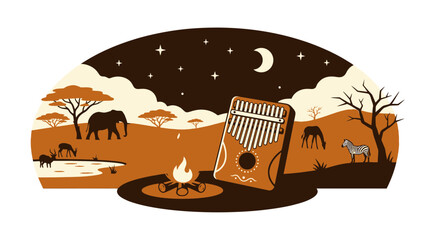 African night scene with kalimba thumb piano and campfire. © selendang