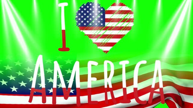 American flag heart symbol floats above the bold text America set against a bright green screen background for easy digital compositing and creative video production projects for patriotic.