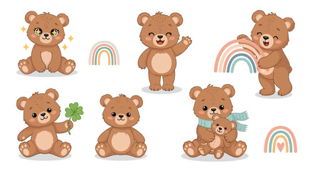 Fototapeta premium Cute Cartoon Teddy Bear Set with Rainbows and Clover