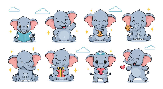 Cute Cartoon Elephant Set with Various Poses and Accessories