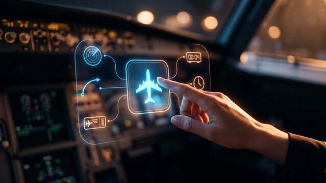 Finger touching glowing holographic airplane interface inside aircraft cockpit with radar clock and boarding pass icons showing flight booking aviation technology and air travel