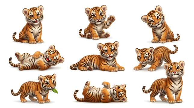 Various digital illustrations of baby tiger cubs in playful poses isolated on white for nursery decor, educational books, and digital marketing assets.
