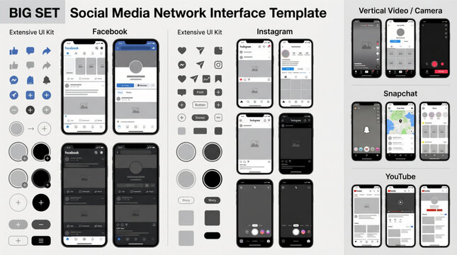 Social media network interface template. Facebook Instagram TikTok YouTube Snapchat mockup 2025. Big Set UI kit with light and dark mode screens, mobile app layout designs, icons, and phone frames.