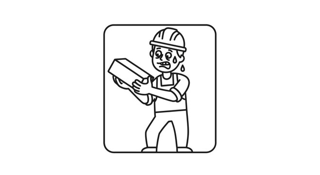 Construction worker struggling to lift heavy brick, sweating under hard hat