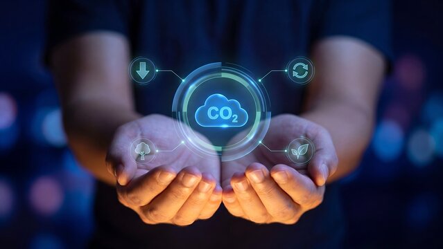 Hands holding glowing holographic CO2 cloud icon with tree leaf and recycle symbols showing carbon footprint reduction environment sustainability and green energy concept