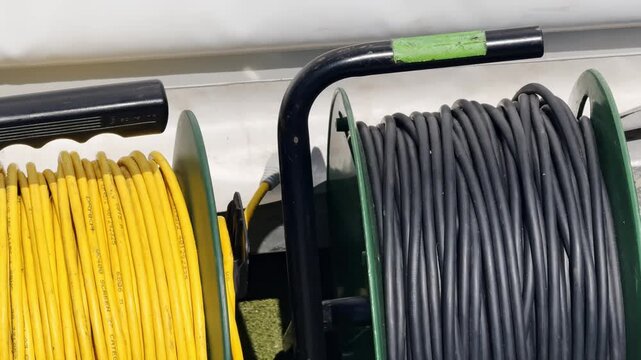 Close-up of yellow cable reel and coiled broadcast cables beside a sports court, showing event production equipment ready for setup.