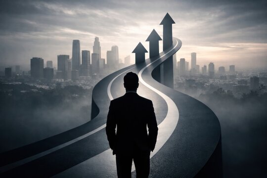 Success path towards city skyline.