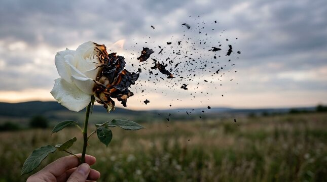 A white rose disintegrates as it burns in a hand against a cloudy sky and landscape