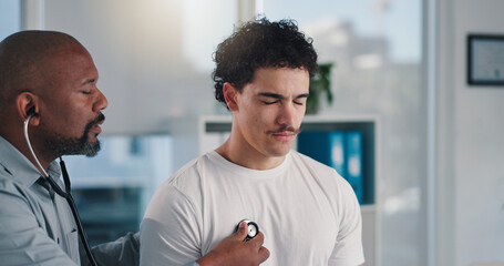 Fototapeta premium Doctor, healthcare and stethoscope with man in hospital for respiratory appointment or checkup. Breathing, consulting and medical professional with patient for symptoms of asthma or pneumonia