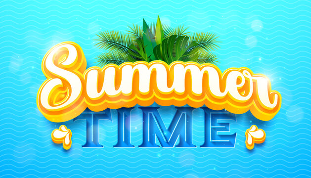 Summer Holiday Banner Design with Tropical Palm Leaves and 3d Typography Lettering on Abstract Blue Wavy Background. Vector Exotic Vacation Illustration for Party Flyer, Invitation, Travel Brochure
