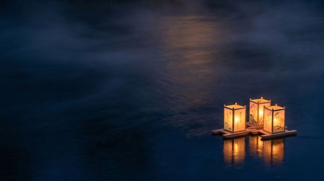 Elegantly illuminated paper lanterns floating on a calm dark river surface during an obon festival ritual