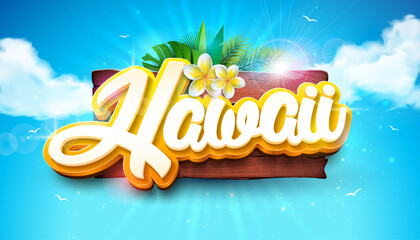 Obraz premium Aloha Hawaii Tropical Summer Design with Flower, Exotic Palm Leaves and 3d Typography Lettering on Blue Cloudy Sky Background. Vector Holiday Typography Illustration with Tropic Plant and Phylodendron