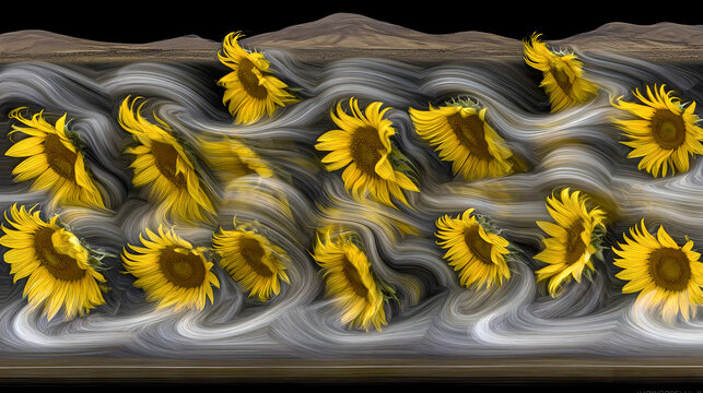 adulteration. Sunflowers swaying in a field during golden hour, nature scene. gardening catalogs, home-decor guides, designed for home decor and floral branding and gardening and botanical catalogs.
