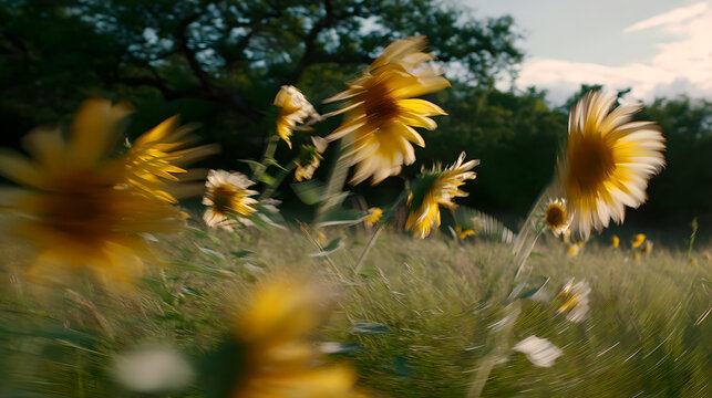 adulteration. Sunflowers swaying in a field during golden hour, nature scene. gardening catalogs, home-decor guides, designed for home decor and floral branding and gardening and botanical catalogs.