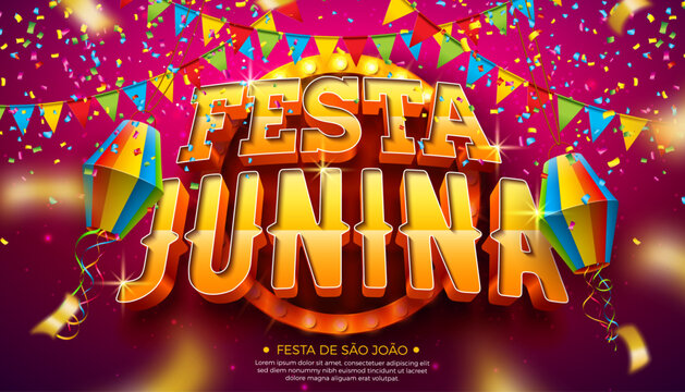 Festa Junina Festival Banner Illustration with Light Bulb Billboard, Party Flags and 3d Typography Lettering on Red Falling Confetti Background. Vector Brazil Sao Joao June Carnival Design for