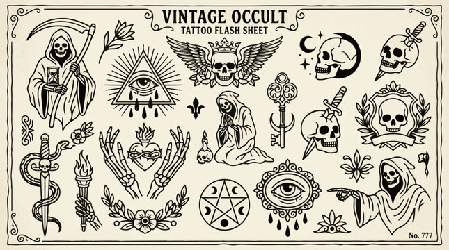 Vintage Occult Tattoo Flash Sheet Grim Reaper Skull Symbols and Icons