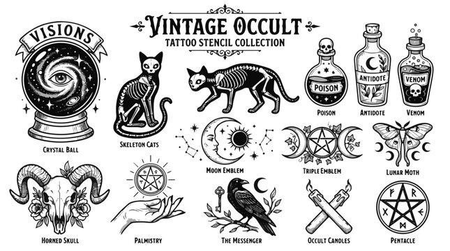 Vintage Occult Tattoo Stencil Collection Solar Gothic Symbols