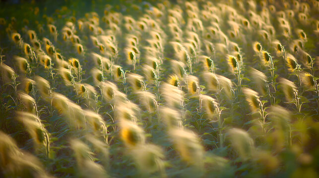 adulteration. Sunflowers swaying in a field during golden hour, nature scene. gardening catalogs, home-decor guides, designed for home decor and floral branding and gardening and botanical catalogs.