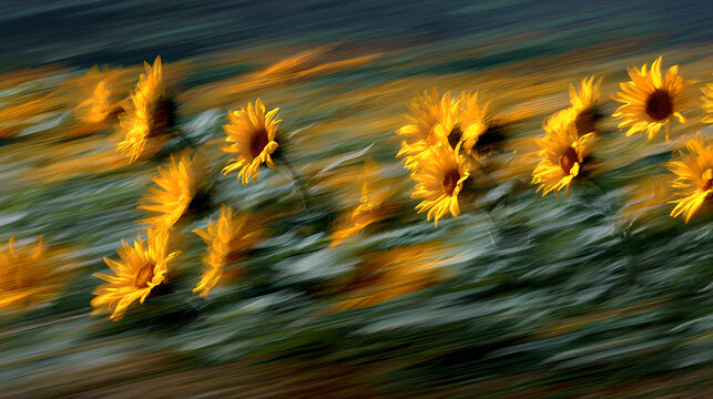 adulteration. Sunflowers swaying in a field during golden hour, nature scene. gardening catalogs, home-decor guides, designed for home decor and floral branding and gardening and botanical catalogs.